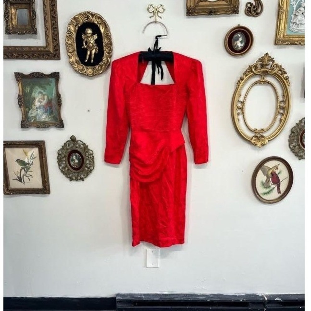 Vintage 80s Lauren Alexandra Red Jacquard Cut-Out‎ Prom Party Dress